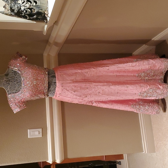 Hand Crafted Other - Coral pink embroidered Zari, threads, sequins, and stonework lehnga.
